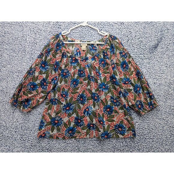 Lucky Brand Boho Floral Top Size S Relaxed Fit 3/4 Sleeve Cottage Peasant Green - Picture 1 of 11